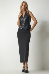 Happiness İstanbul Women's Black Slit Woven Midi Knitted Skirt - Image 2