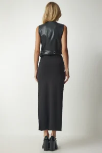 Happiness İstanbul Women's Black Slit Woven Midi Knitted Skirt - Image 7