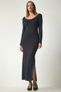 Happiness İstanbul Women Black U-Neck slit Sandy Dress - Image 2