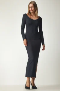 Happiness İstanbul Women Black U-Neck slit Sandy Dress - Image 3