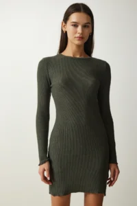 Happiness İstanbul Women's Khaki Mini Slit Corduroy Knitted Dress - Image 2