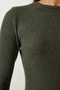 Happiness İstanbul Women's Khaki Mini Slit Corduroy Knitted Dress - Image 3