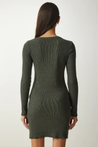 Happiness İstanbul Women's Khaki Mini Slit Corduroy Knitted Dress - Image 5