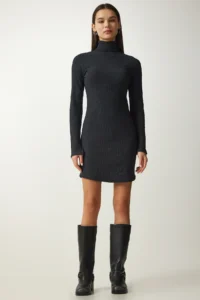 Happiness İstanbul Women's Anthracite Turtleneck Corduroy Knitted Dress