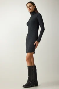 Happiness İstanbul Women's Anthracite Turtleneck Corduroy Knitted Dress - Image 2
