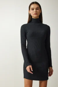 Happiness İstanbul Women's Anthracite Turtleneck Corduroy Knitted Dress - Image 3