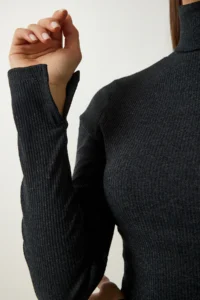 Happiness İstanbul Women's Anthracite Turtleneck Corduroy Knitted Dress - Image 4