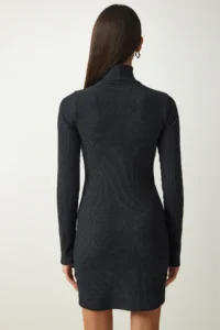Happiness İstanbul Women's Anthracite Turtleneck Corduroy Knitted Dress - Image 6