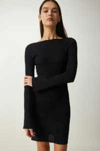 Happiness İstanbul Women's Black Boat Neck Ribbed Saran Knitted Dress - Image 2