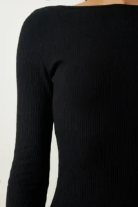 Happiness İstanbul Women's Black Boat Neck Ribbed Saran Knitted Dress - Image 3