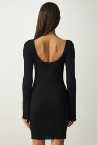Happiness İstanbul Women's Black Boat Neck Ribbed Saran Knitted Dress - Image 4