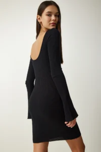 Happiness İstanbul Women's Black Boat Neck Ribbed Saran Knitted Dress - Image 6