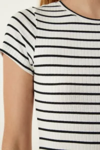 Happiness İstanbul Women White Striped Knitting Mini Dress - Image 5