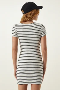 Happiness İstanbul Women White Striped Knitting Mini Dress - Image 6