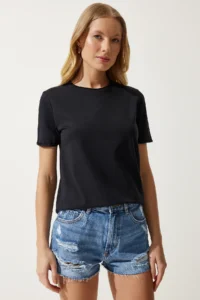 Happiness İstanbul Women's Black Crew Neck Basic Knitted T-Shirt - Image 2
