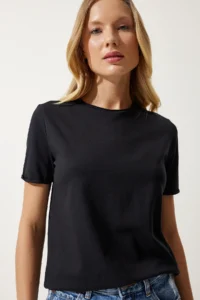Happiness İstanbul Women's Black Crew Neck Basic Knitted T-Shirt - Image 3