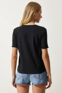 Happiness İstanbul Women's Black Crew Neck Basic Knitted T-Shirt - Image 5