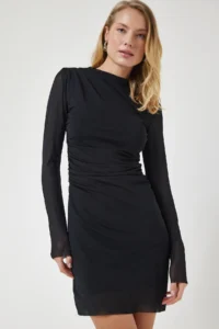 Happiness İstanbul Women's Black Chiffon Sleeve Gathered Saran Knitted Dress - Image 2