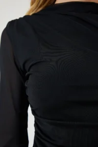 Happiness İstanbul Women's Black Chiffon Sleeve Gathered Saran Knitted Dress - Image 4