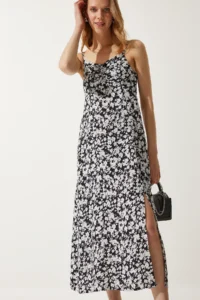 Happiness İstanbul Women's Black and White Strappy Patterned Viscose Dress