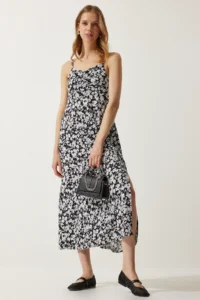 Happiness İstanbul Women's Black and White Strappy Patterned Viscose Dress - Image 2