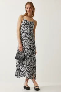 Happiness İstanbul Women's Black and White Strappy Patterned Viscose Dress - Image 3