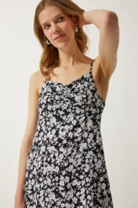 Happiness İstanbul Women's Black and White Strappy Patterned Viscose Dress - Image 4