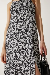 Happiness İstanbul Women's Black and White Strappy Patterned Viscose Dress - Image 5