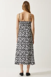 Happiness İstanbul Women's Black and White Strappy Patterned Viscose Dress - Image 6