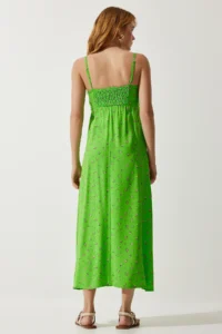 Happiness İstanbul Women's Pistachio Green Strappy Patterned Viscose Dress - Image 6