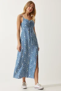 Happiness İstanbul Women's Indigo Blue Strappy Patterned Viscose Dress - Image 2