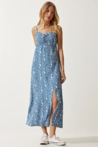 Happiness İstanbul Women's Indigo Blue Strappy Patterned Viscose Dress - Image 3