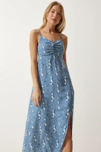 Happiness İstanbul Women's Indigo Blue Strappy Patterned Viscose Dress - Image 4