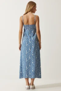 Happiness İstanbul Women's Indigo Blue Strappy Patterned Viscose Dress - Image 8