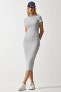 Happiness İstanbul Women's Stone Crew Neck Saran Ribbed Knitted Dress - Image 2