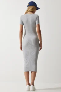 Happiness İstanbul Women's Stone Crew Neck Saran Ribbed Knitted Dress - Image 4