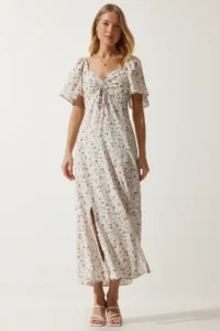 Happiness İstanbul Women's Ecru Slit Detailed Flounce Viscose Dress - Image 2