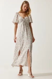 Happiness İstanbul Women's Ecru Slit Detailed Flounce Viscose Dress - Image 3