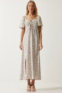Happiness İstanbul Women's Ecru Slit Detailed Flounce Viscose Dress - Image 4
