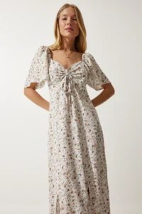 Happiness İstanbul Women's Ecru Slit Detailed Flounce Viscose Dress - Image 5