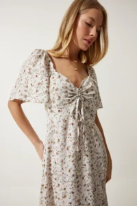 Happiness İstanbul Women's Ecru Slit Detailed Flounce Viscose Dress - Image 6