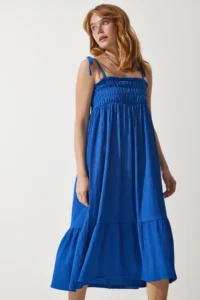 Happiness İstanbul Women's Blue Strap Crinkle Summer Knitted Dress
