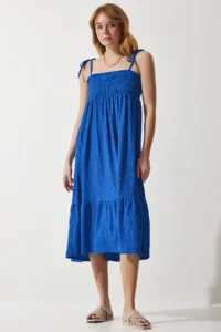 Happiness İstanbul Women's Blue Strap Crinkle Summer Knitted Dress - Image 2