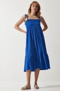 Happiness İstanbul Women's Blue Strap Crinkle Summer Knitted Dress - Image 3