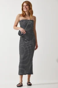 Happiness İstanbul Women's Black Striped Strapless Collar Ribbed Summer Knitted Dress - Image 2