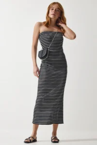 Happiness İstanbul Women's Black Striped Strapless Collar Ribbed Summer Knitted Dress - Image 3