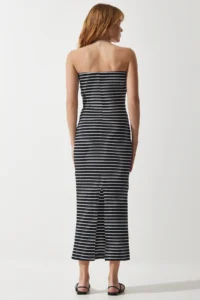 Happiness İstanbul Women's Black Striped Strapless Collar Ribbed Summer Knitted Dress - Image 5
