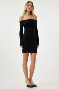 Happiness İstanbul Women's Black Carmen Collar Saran Ribbed Knitted Dress - Image 2