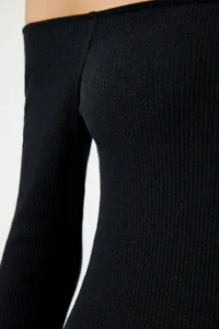 Happiness İstanbul Women's Black Carmen Collar Saran Ribbed Knitted Dress - Image 4