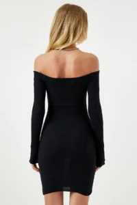 Happiness İstanbul Women's Black Carmen Collar Saran Ribbed Knitted Dress - Image 5